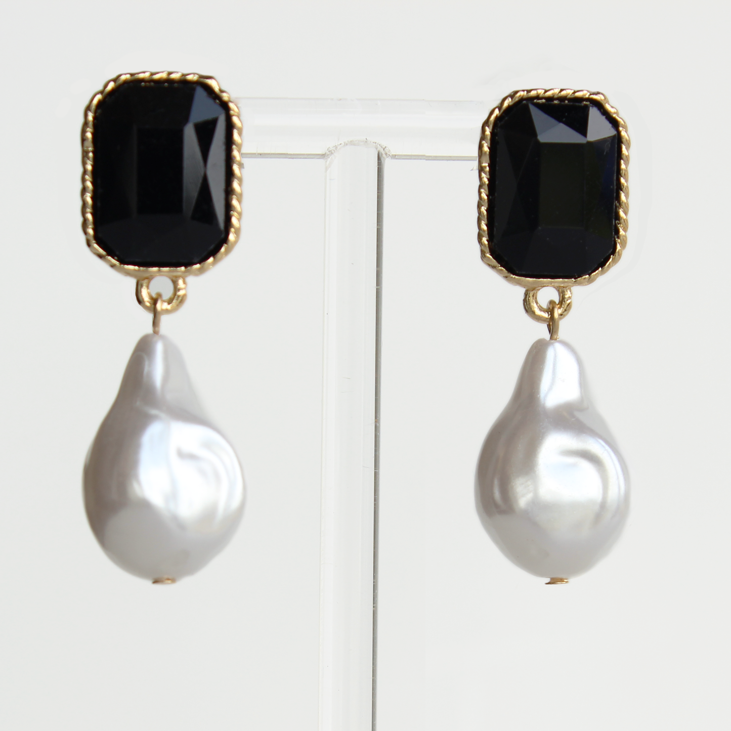 Black crystal and large baroque pearl earrings