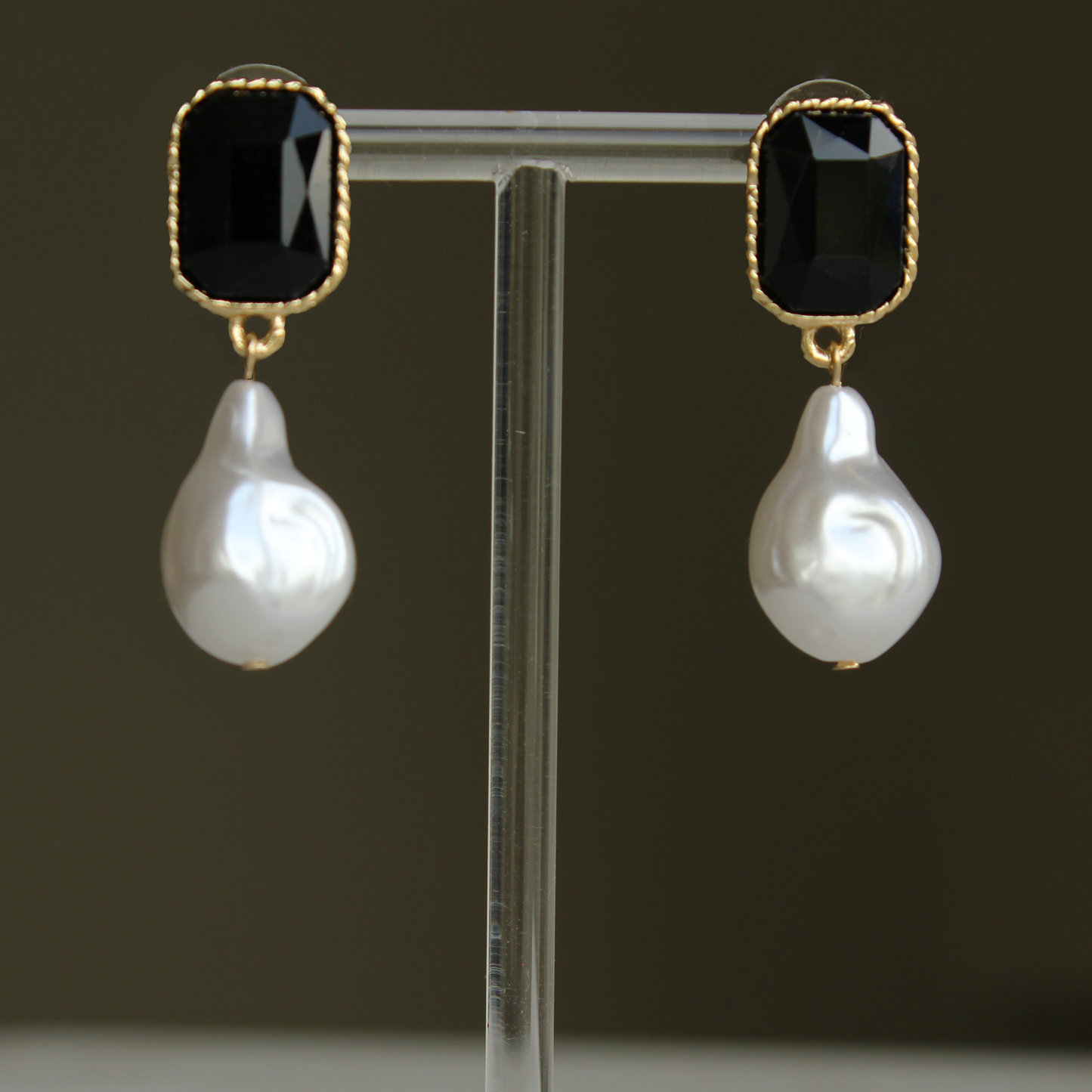 Black crystal and large baroque pearl earrings