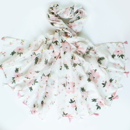 Delicate flowers on white scarf